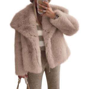 imagePRETTYGARDEN Womens Winter Coats 2025 Trendy Long Sleeve Furry Faux Fur Jackets Button Lapel Warm Fall Outwear with PocketsKhaki