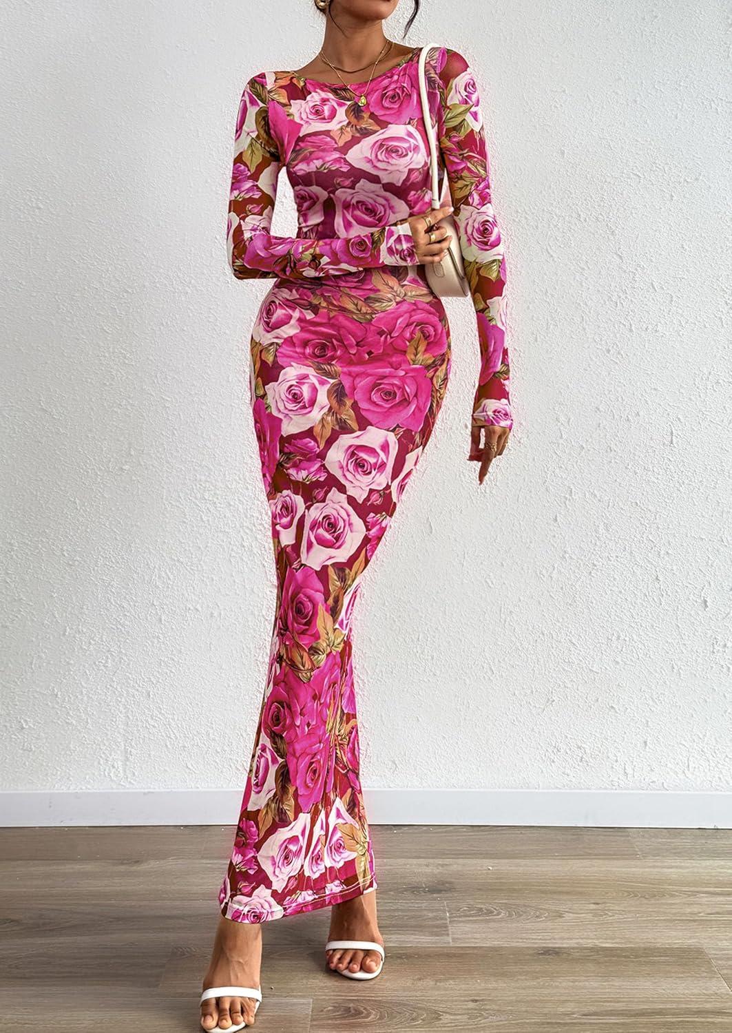 imagePRETTYGARDEN Bodycon Maxi Dress 2025 Fall Floral Long Sleeve Sexy Mesh Cocktail Wedding Guest Long DressesPink Flower