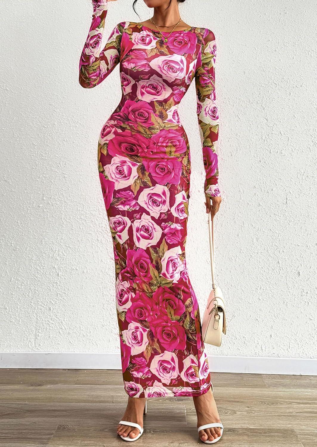 imagePRETTYGARDEN Bodycon Maxi Dress 2025 Fall Floral Long Sleeve Sexy Mesh Cocktail Wedding Guest Long DressesPink Flower