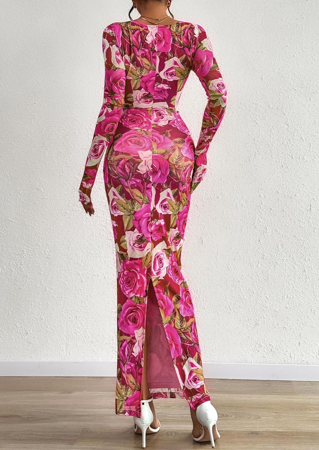 imagePRETTYGARDEN Bodycon Maxi Dress 2025 Fall Floral Long Sleeve Sexy Mesh Cocktail Wedding Guest Long DressesPink Flower