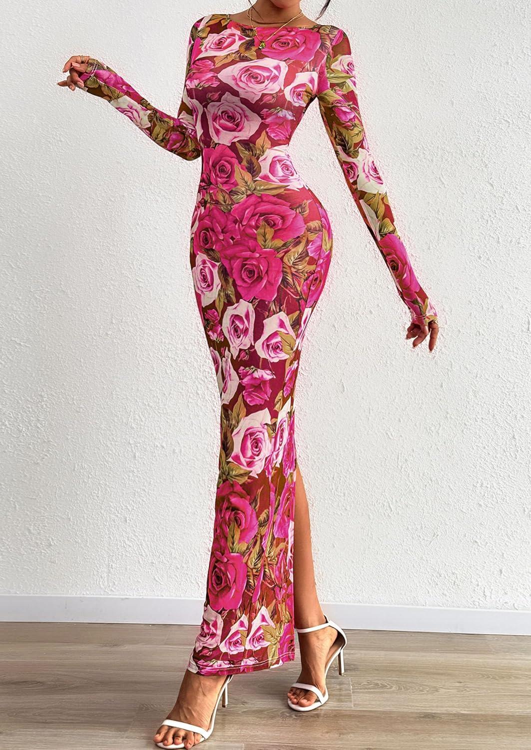 imagePRETTYGARDEN Bodycon Maxi Dress 2025 Fall Floral Long Sleeve Sexy Mesh Cocktail Wedding Guest Long DressesPink Flower