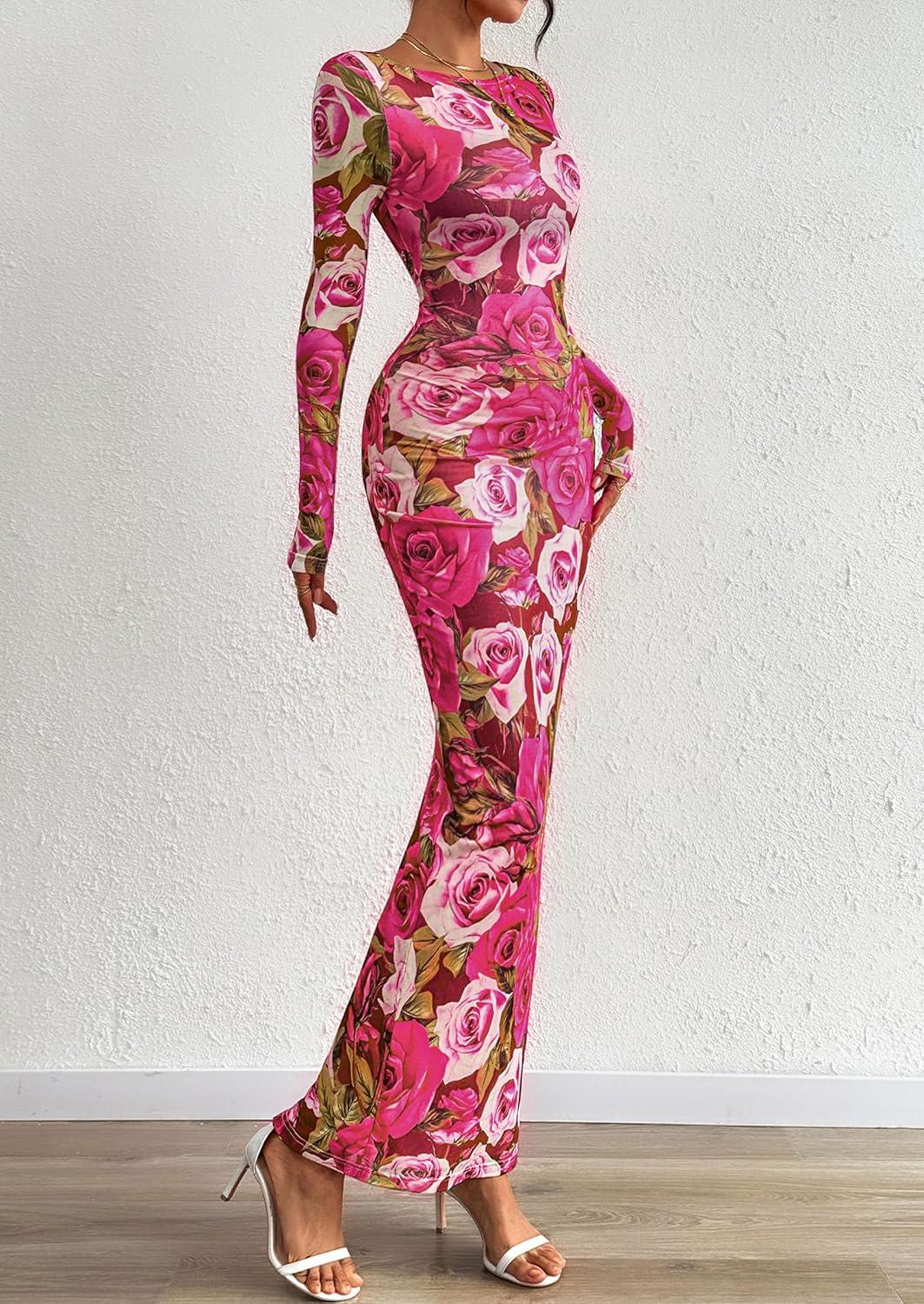 imagePRETTYGARDEN Bodycon Maxi Dress 2025 Fall Floral Long Sleeve Sexy Mesh Cocktail Wedding Guest Long DressesPink Flower