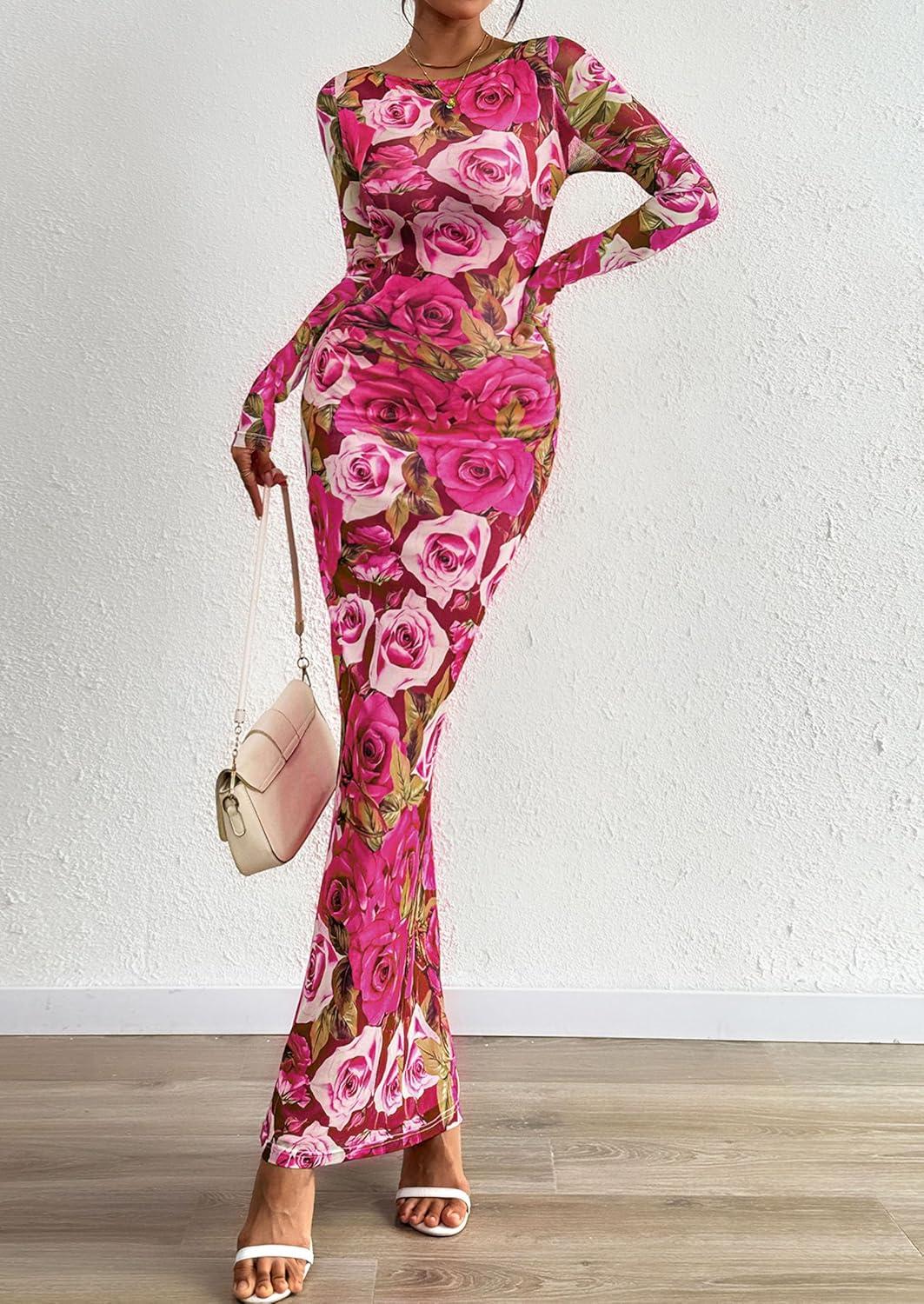 imagePRETTYGARDEN Bodycon Maxi Dress 2025 Fall Floral Long Sleeve Sexy Mesh Cocktail Wedding Guest Long DressesPink Flower