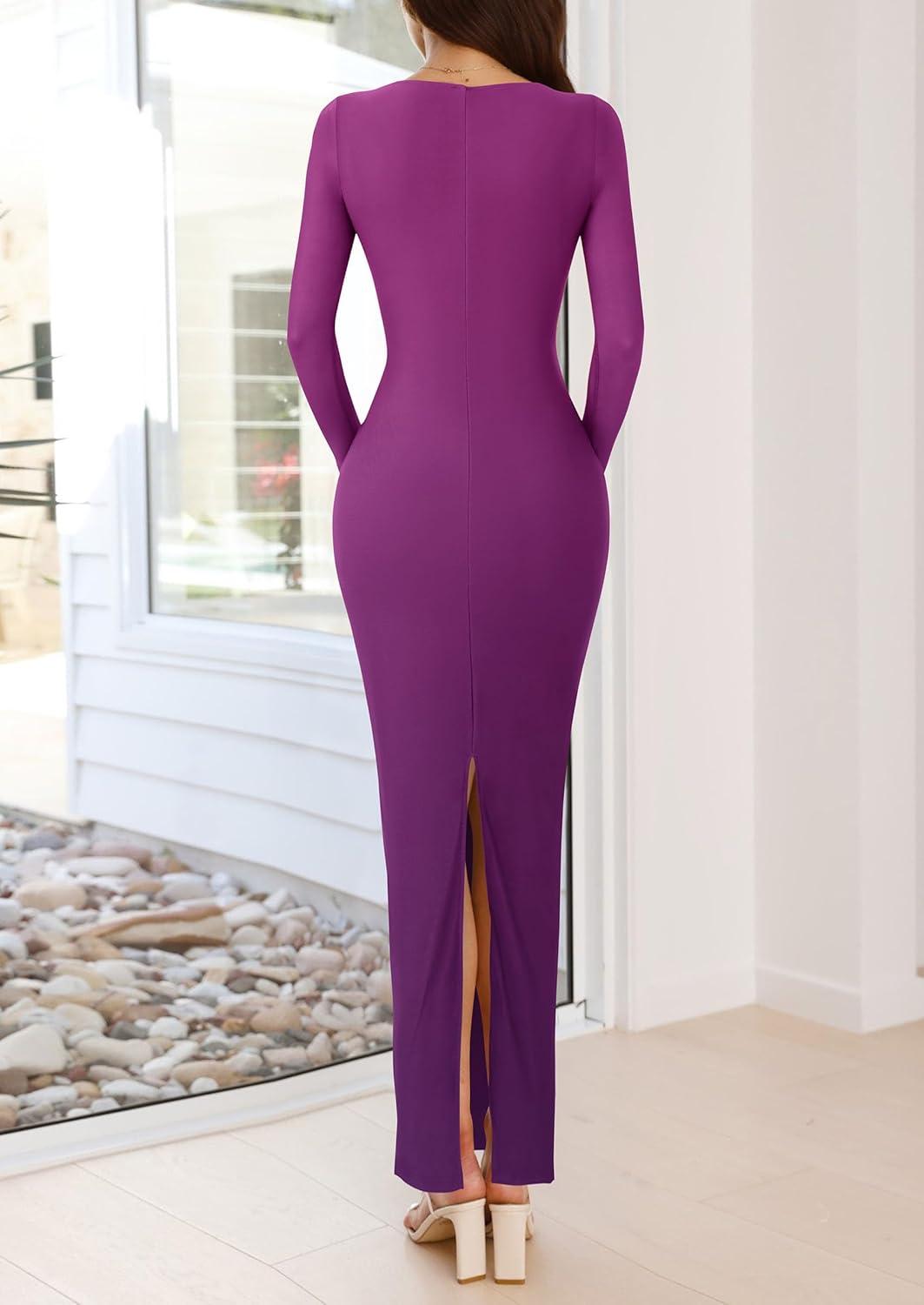 imagePRETTYGARDEN Bodycon Maxi Dress 2025 Fall Floral Long Sleeve Sexy Mesh Cocktail Wedding Guest Long DressesPurple