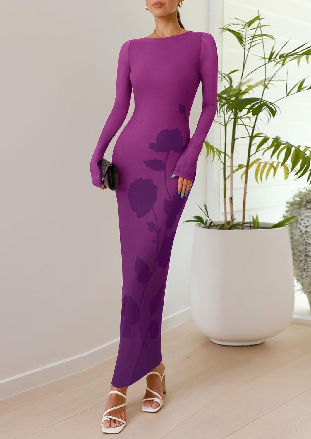 imagePRETTYGARDEN Bodycon Maxi Dress 2025 Fall Floral Long Sleeve Sexy Mesh Cocktail Wedding Guest Long DressesPurple