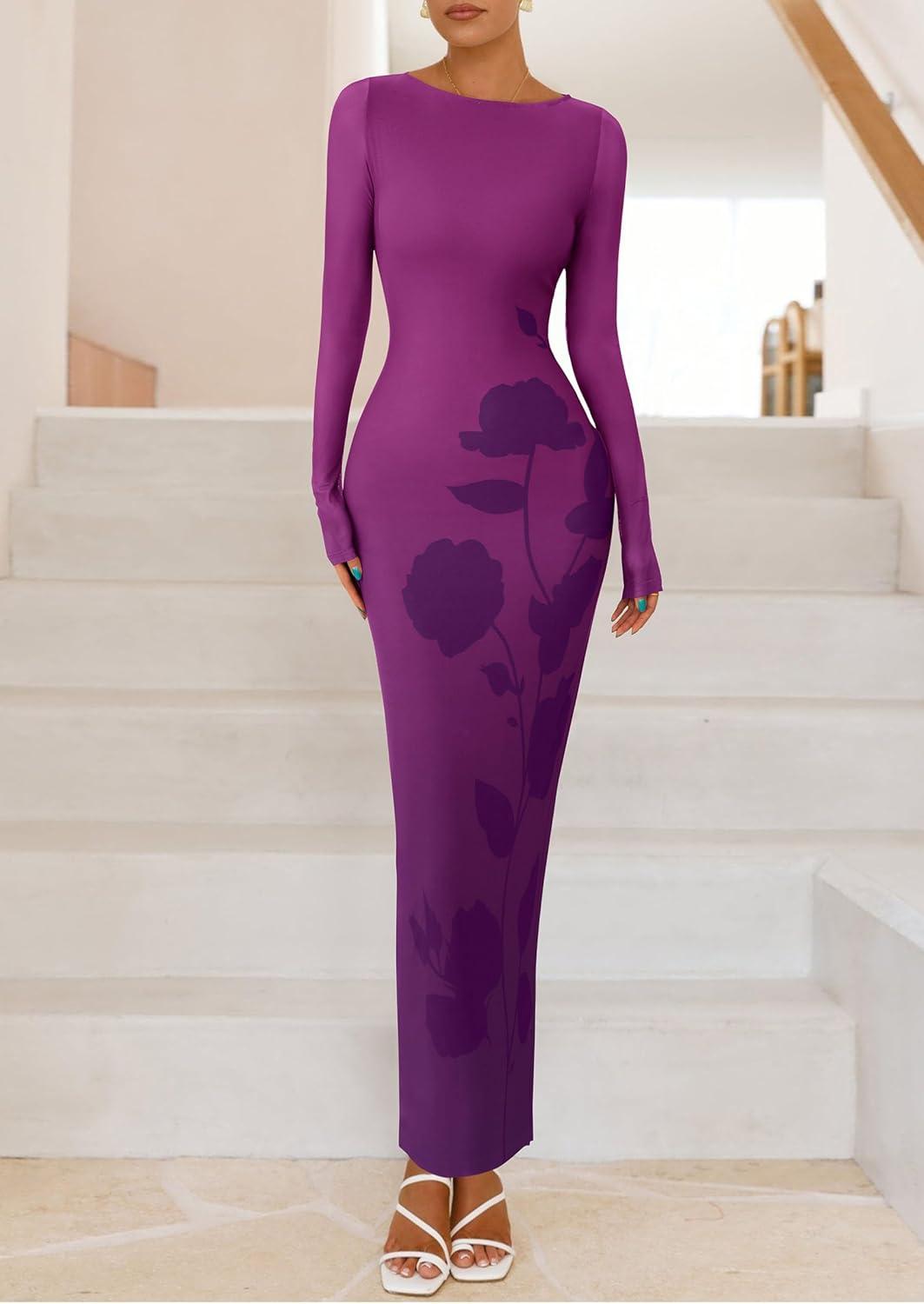 imagePRETTYGARDEN Bodycon Maxi Dress 2025 Fall Floral Long Sleeve Sexy Mesh Cocktail Wedding Guest Long DressesPurple