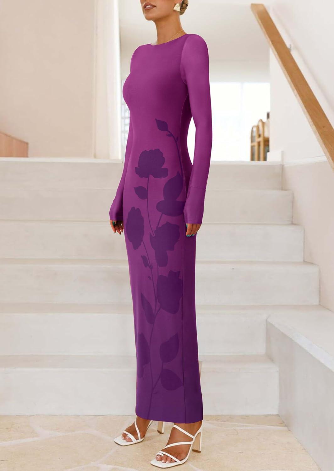 imagePRETTYGARDEN Bodycon Maxi Dress 2025 Fall Floral Long Sleeve Sexy Mesh Cocktail Wedding Guest Long DressesPurple