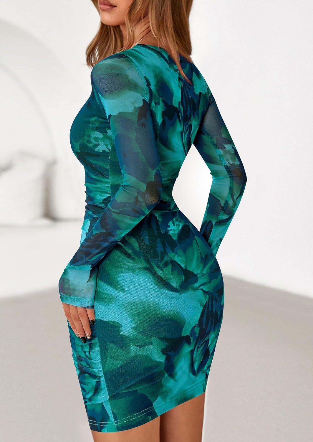 imagePRETTYGARDEN Women Long Sleeve Mini Fall Dress 2025 Tie Dye Print Bodycon Cocktail Party Club Outfits Homecoming DressesLake Blue Floral