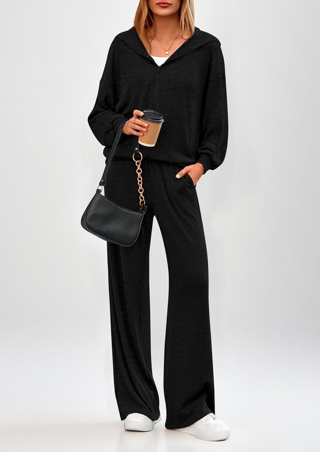 imagePRETTYGARDEN Womens 2 Piece Fall Lounge Sets 2025 Zip Up Hoodie Wide Leg Pants Tracksuit Matching Travel Outfits ClothesBlack