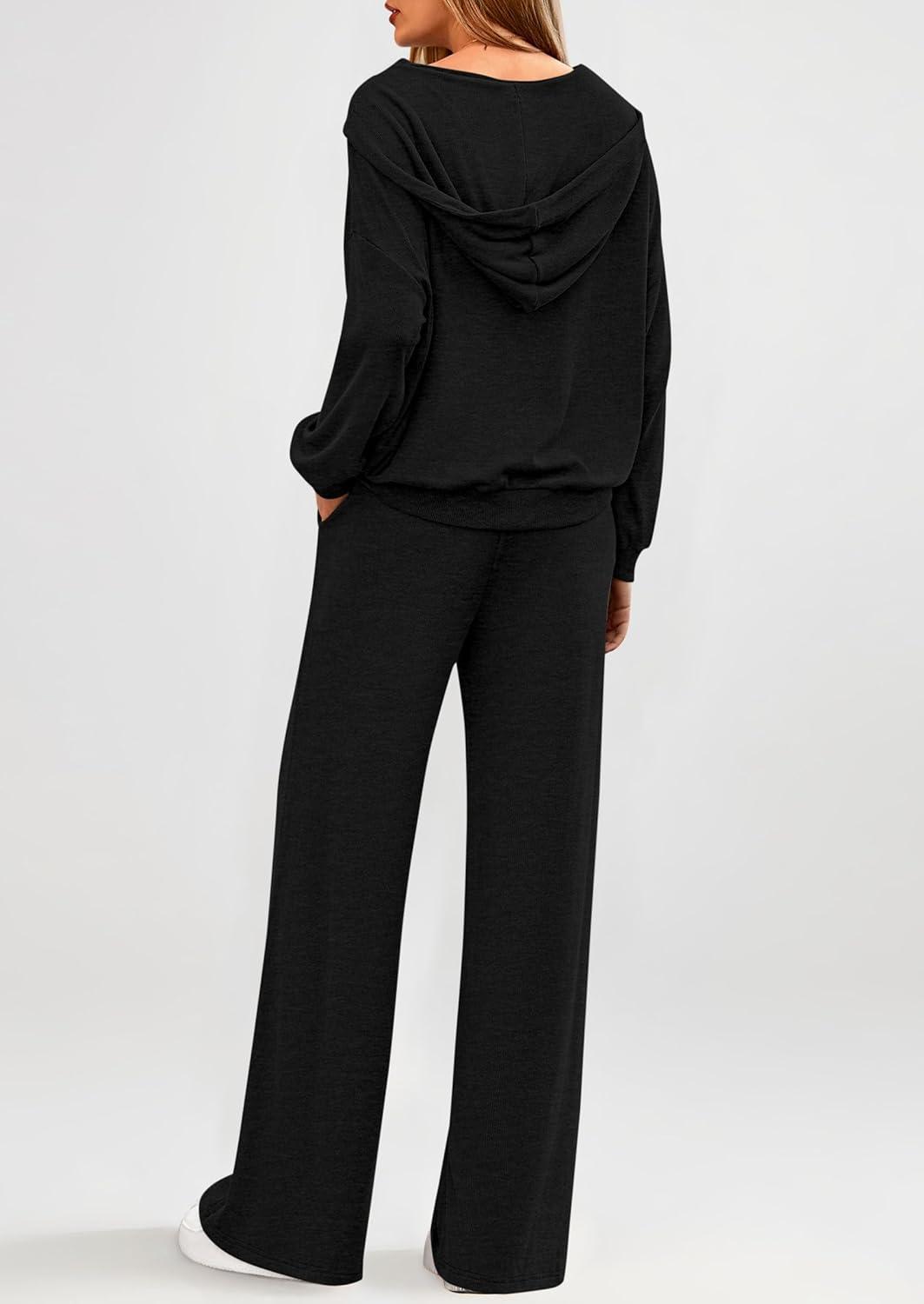 imagePRETTYGARDEN Womens 2 Piece Fall Lounge Sets 2025 Zip Up Hoodie Wide Leg Pants Tracksuit Matching Travel Outfits ClothesBlack