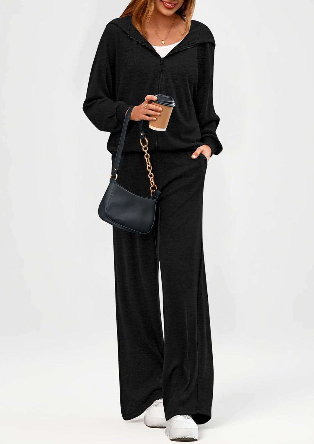imagePRETTYGARDEN Womens 2 Piece Fall Lounge Sets 2025 Zip Up Hoodie Wide Leg Pants Tracksuit Matching Travel Outfits ClothesBlack