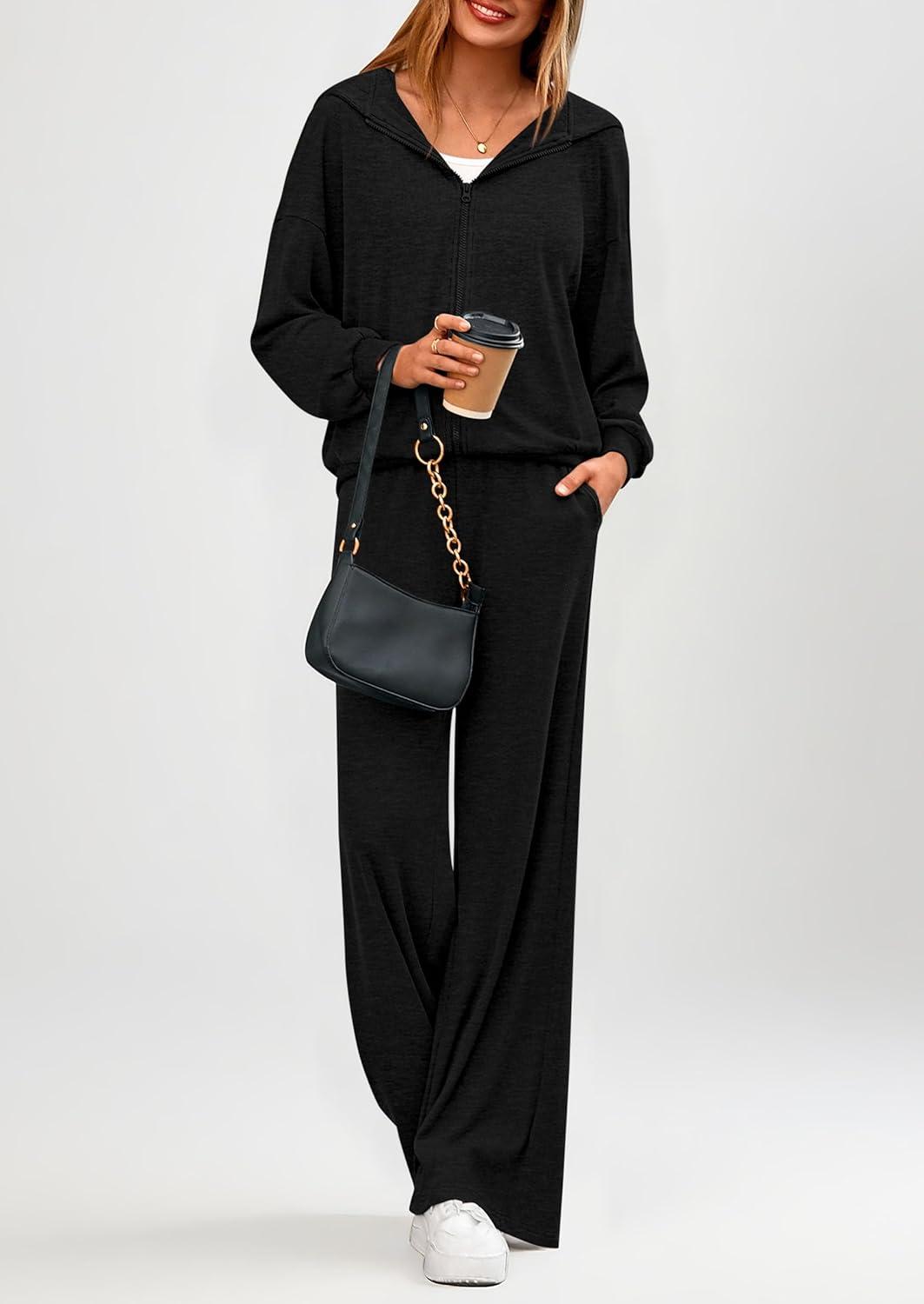 imagePRETTYGARDEN Womens 2 Piece Fall Lounge Sets 2025 Zip Up Hoodie Wide Leg Pants Tracksuit Matching Travel Outfits ClothesBlack