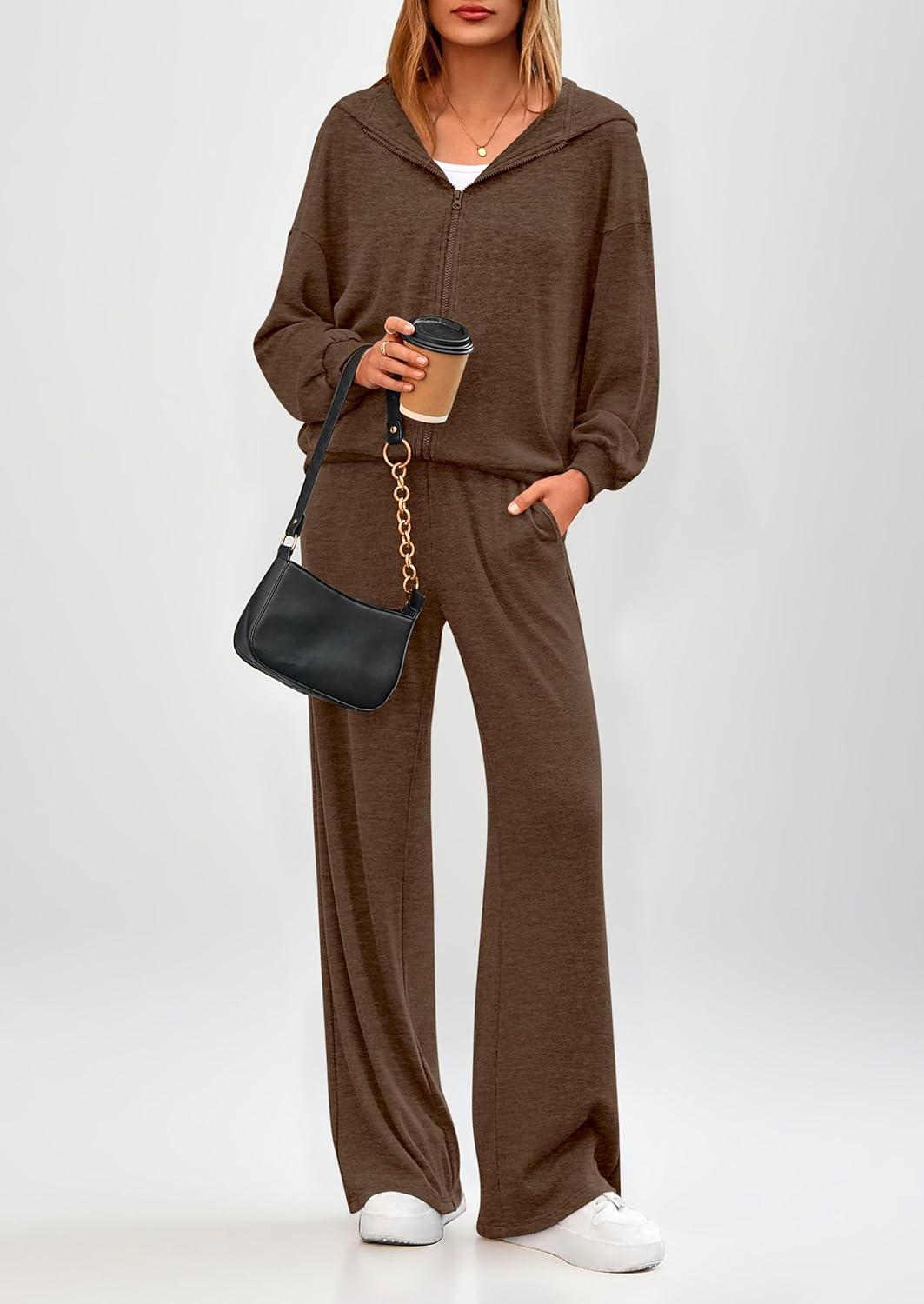 imagePRETTYGARDEN Womens 2 Piece Fall Lounge Sets 2025 Zip Up Hoodie Wide Leg Pants Tracksuit Matching Travel Outfits ClothesCoffee