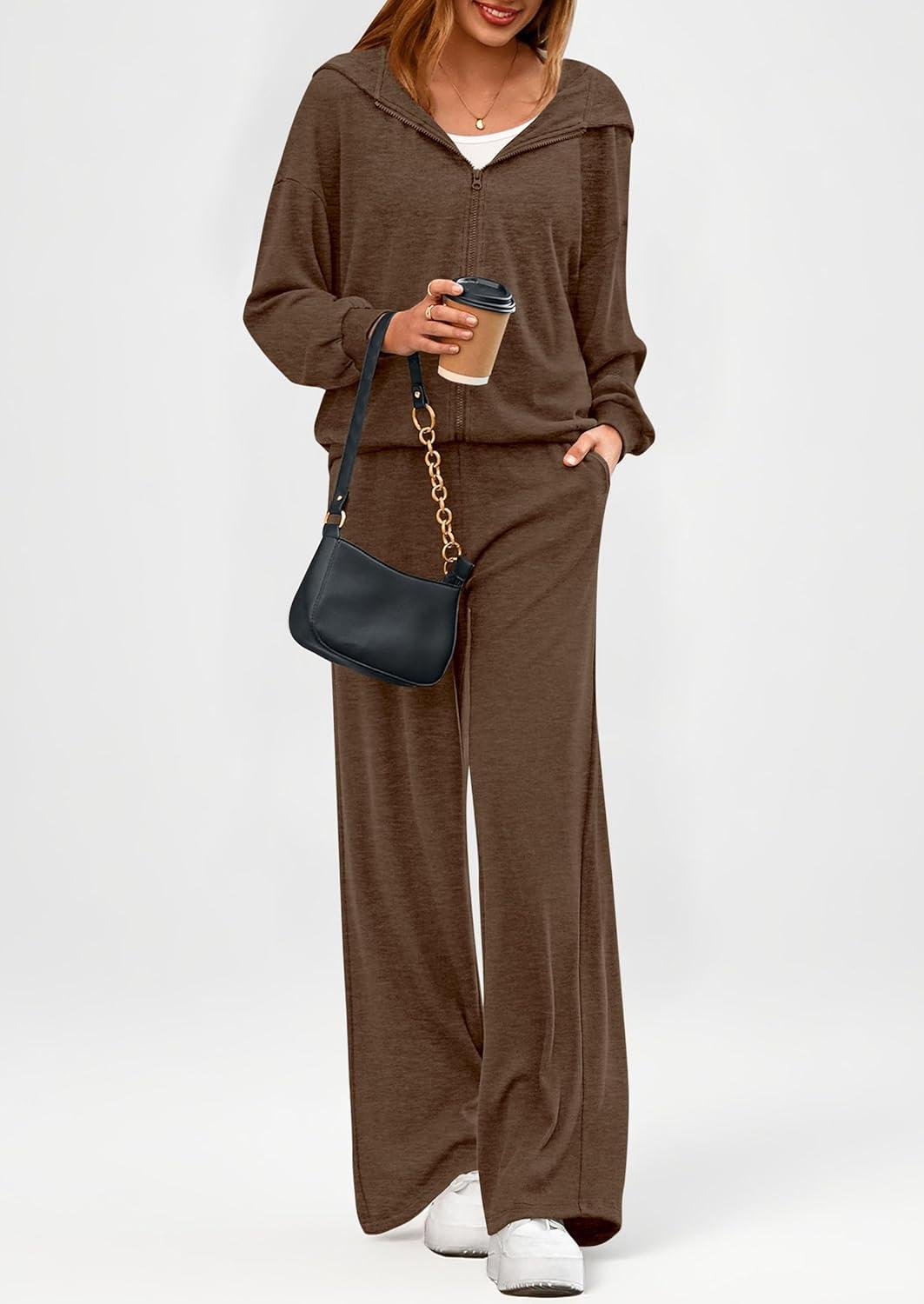 imagePRETTYGARDEN Womens 2 Piece Fall Lounge Sets 2025 Zip Up Hoodie Wide Leg Pants Tracksuit Matching Travel Outfits ClothesCoffee