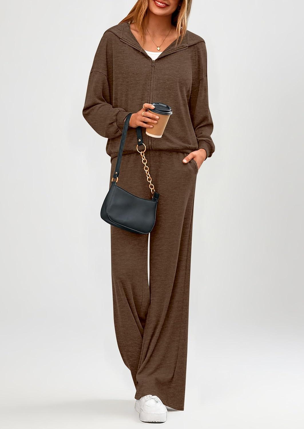 imagePRETTYGARDEN Womens 2 Piece Fall Lounge Sets 2025 Zip Up Hoodie Wide Leg Pants Tracksuit Matching Travel Outfits ClothesCoffee