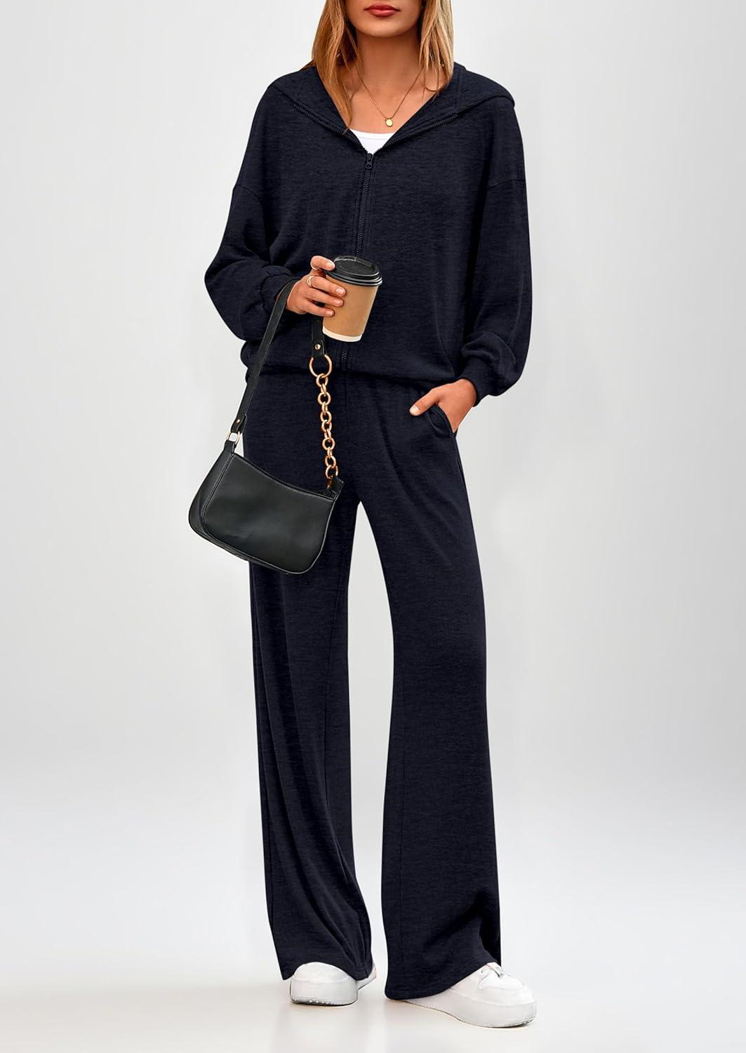 imagePRETTYGARDEN Womens 2 Piece Fall Lounge Sets 2025 Zip Up Hoodie Wide Leg Pants Tracksuit Matching Travel Outfits ClothesNavy Blue