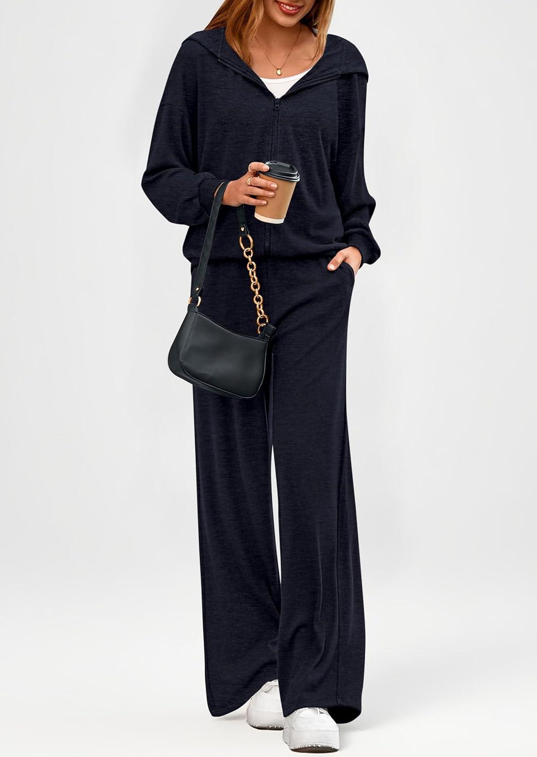imagePRETTYGARDEN Womens 2 Piece Fall Lounge Sets 2025 Zip Up Hoodie Wide Leg Pants Tracksuit Matching Travel Outfits ClothesNavy Blue