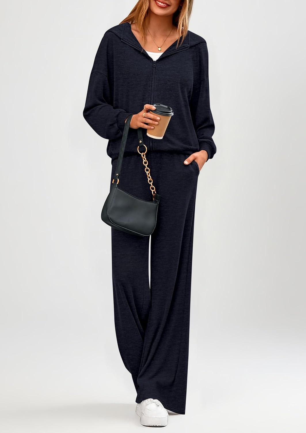 imagePRETTYGARDEN Womens 2 Piece Fall Lounge Sets 2025 Zip Up Hoodie Wide Leg Pants Tracksuit Matching Travel Outfits ClothesNavy Blue