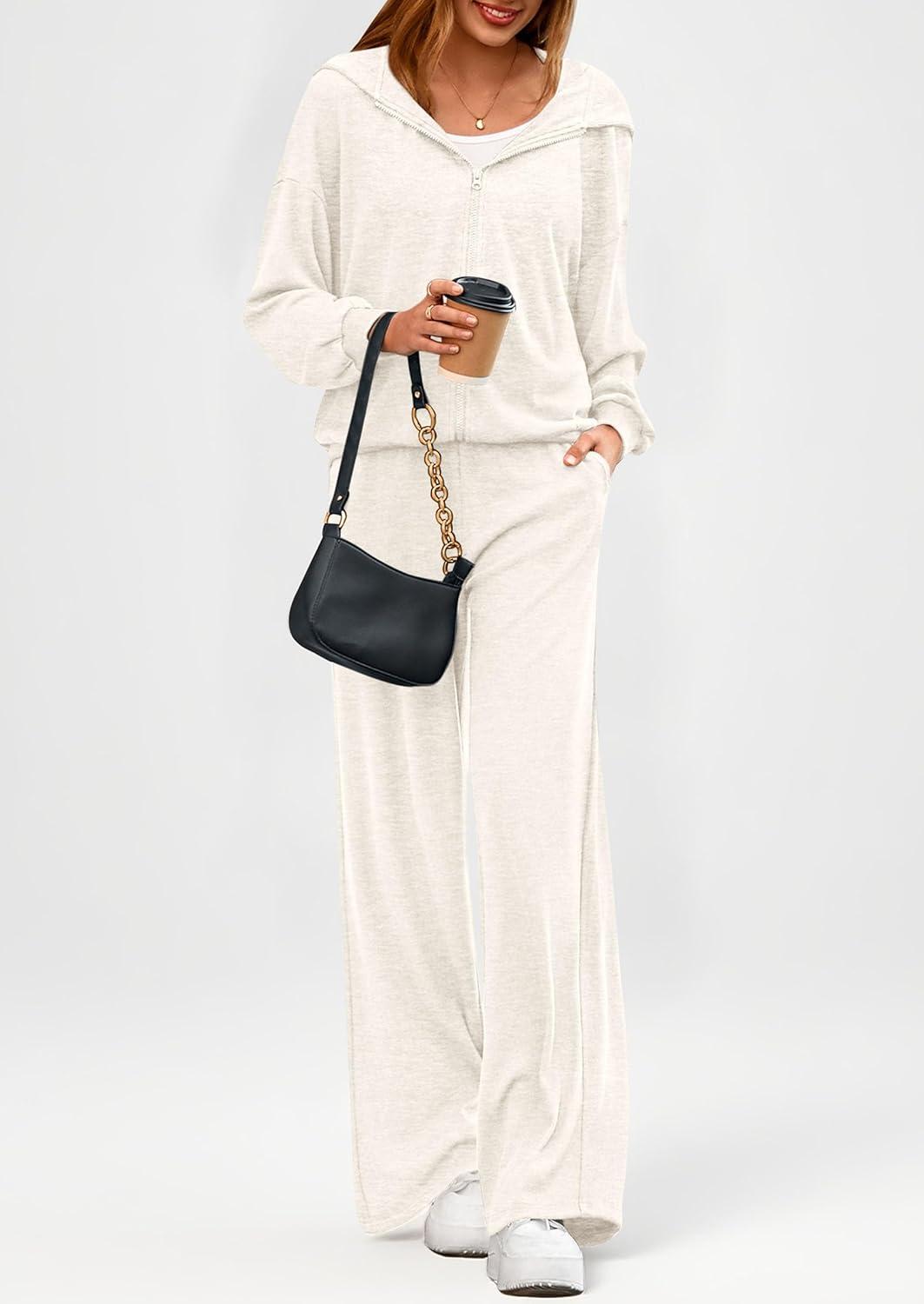 imagePRETTYGARDEN Womens 2 Piece Fall Lounge Sets 2025 Zip Up Hoodie Wide Leg Pants Tracksuit Matching Travel Outfits ClothesWhite
