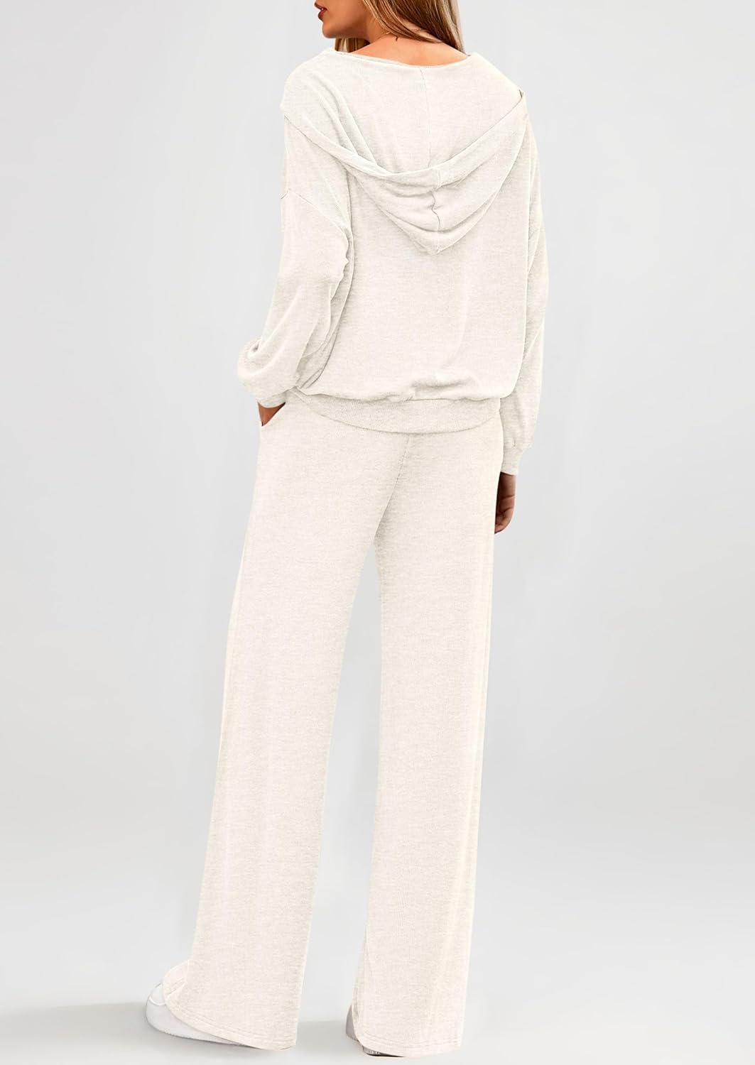 imagePRETTYGARDEN Womens 2 Piece Fall Lounge Sets 2025 Zip Up Hoodie Wide Leg Pants Tracksuit Matching Travel Outfits ClothesWhite