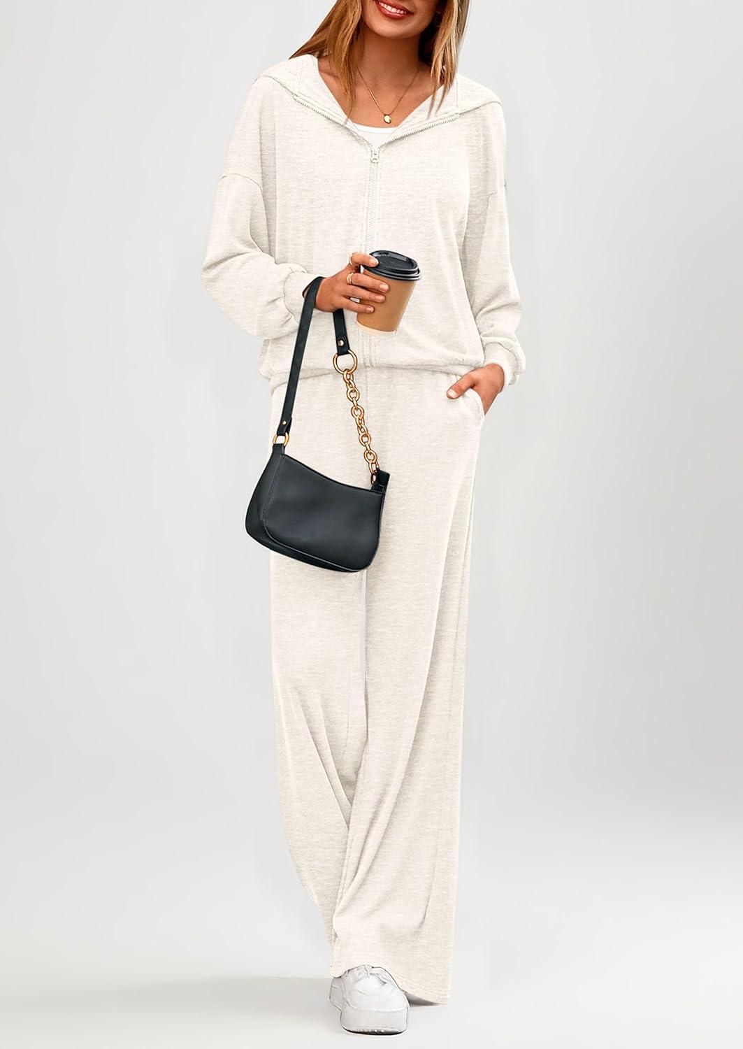 imagePRETTYGARDEN Womens 2 Piece Fall Lounge Sets 2025 Zip Up Hoodie Wide Leg Pants Tracksuit Matching Travel Outfits ClothesWhite