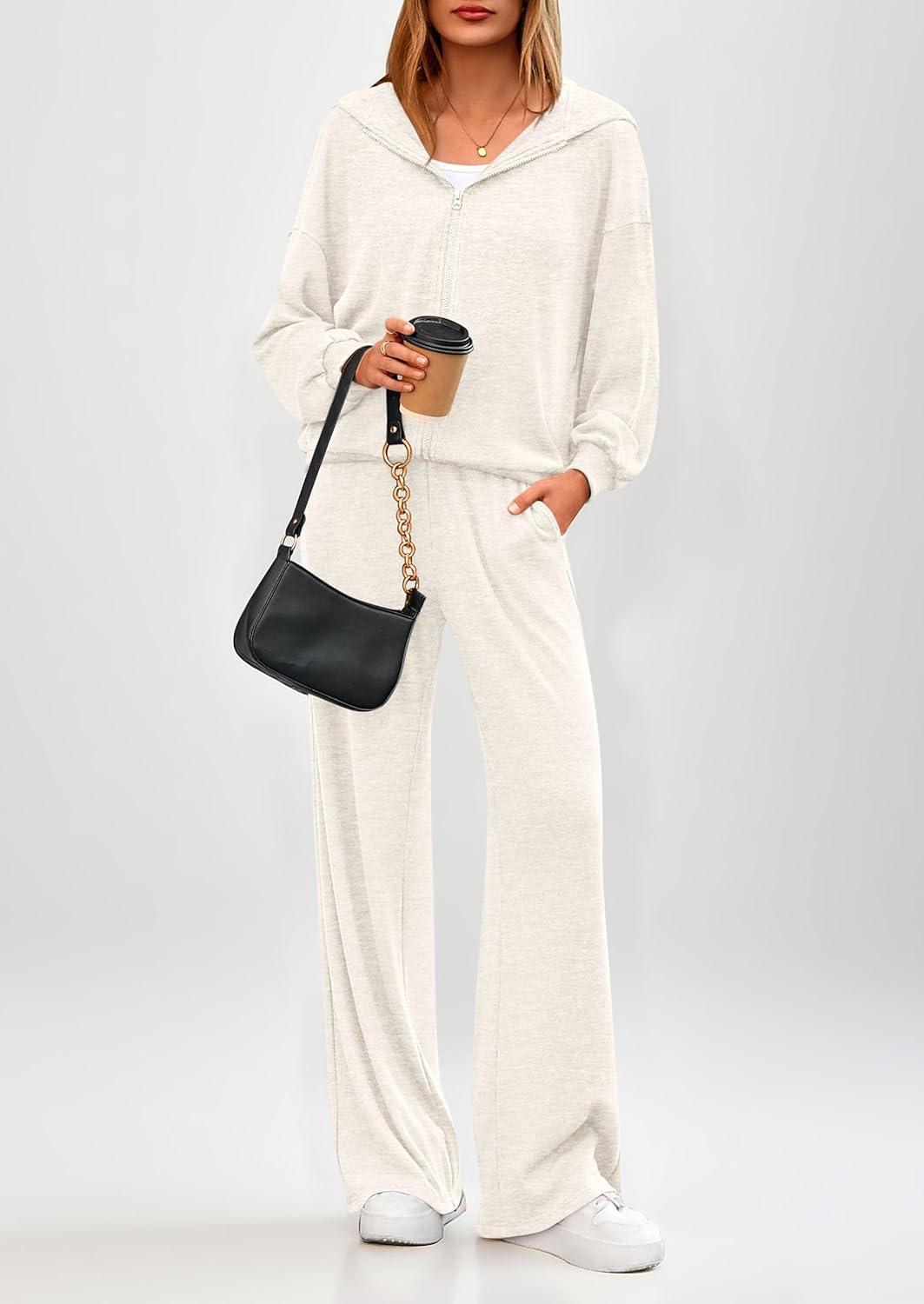 imagePRETTYGARDEN Womens 2 Piece Fall Lounge Sets 2025 Zip Up Hoodie Wide Leg Pants Tracksuit Matching Travel Outfits ClothesWhite