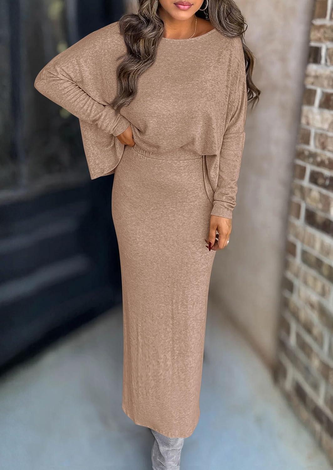 imagePRETTYGARDEN Womens Fall 2025 Two Piece Matching Skirt Sets Long Sleeve Tops Maxi Long Slit Bodycon Skirts Vacation OutfitsKhaki