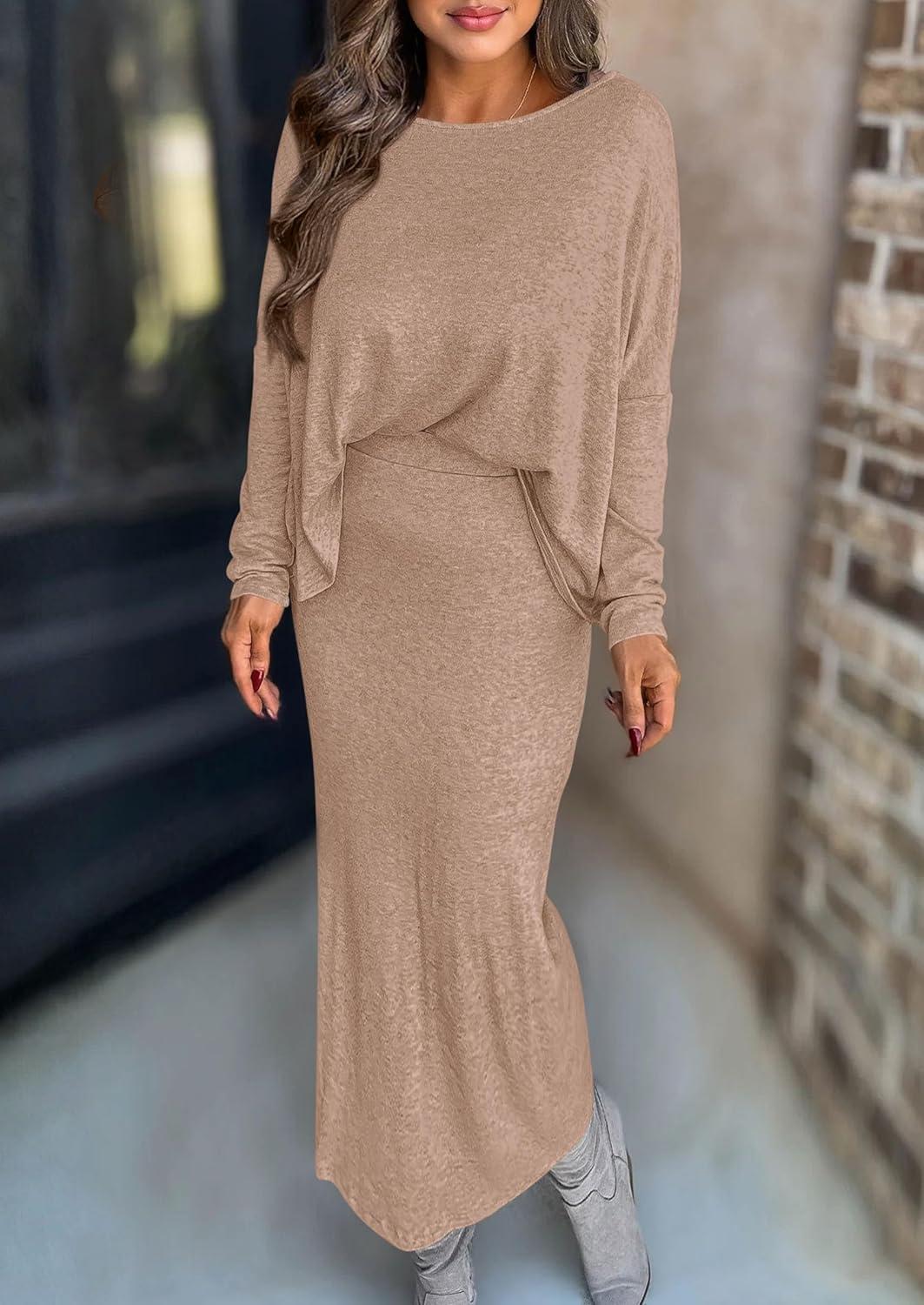 imagePRETTYGARDEN Womens Fall 2025 Two Piece Matching Skirt Sets Long Sleeve Tops Maxi Long Slit Bodycon Skirts Vacation OutfitsKhaki