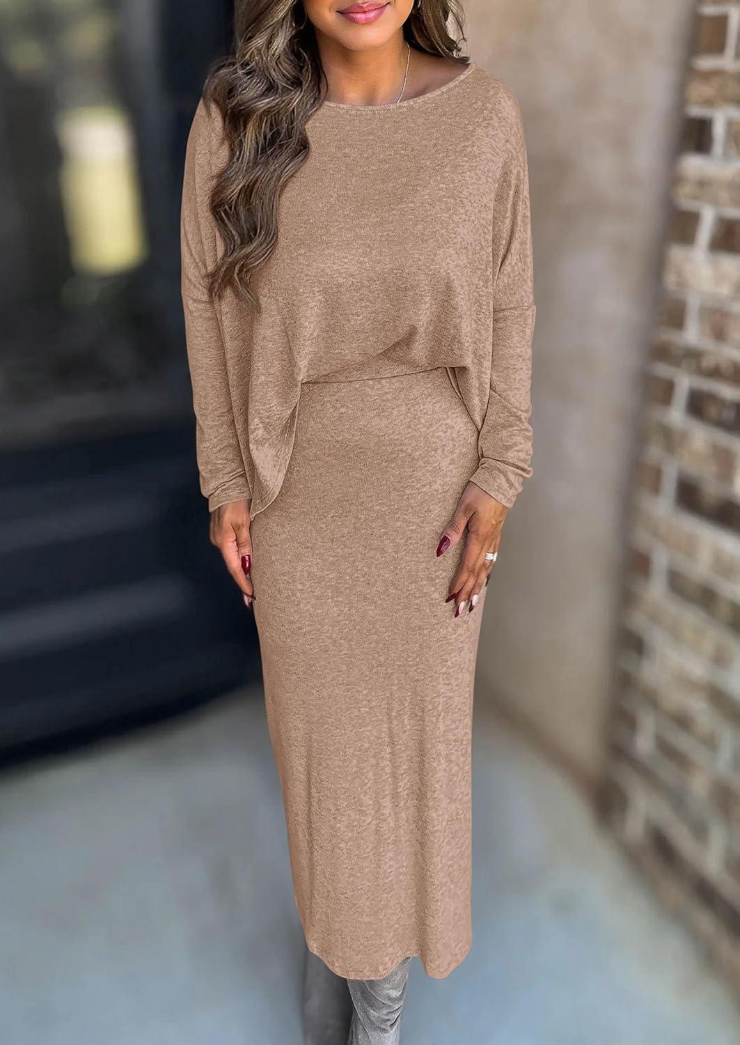 imagePRETTYGARDEN Womens Fall 2025 Two Piece Matching Skirt Sets Long Sleeve Tops Maxi Long Slit Bodycon Skirts Vacation OutfitsKhaki