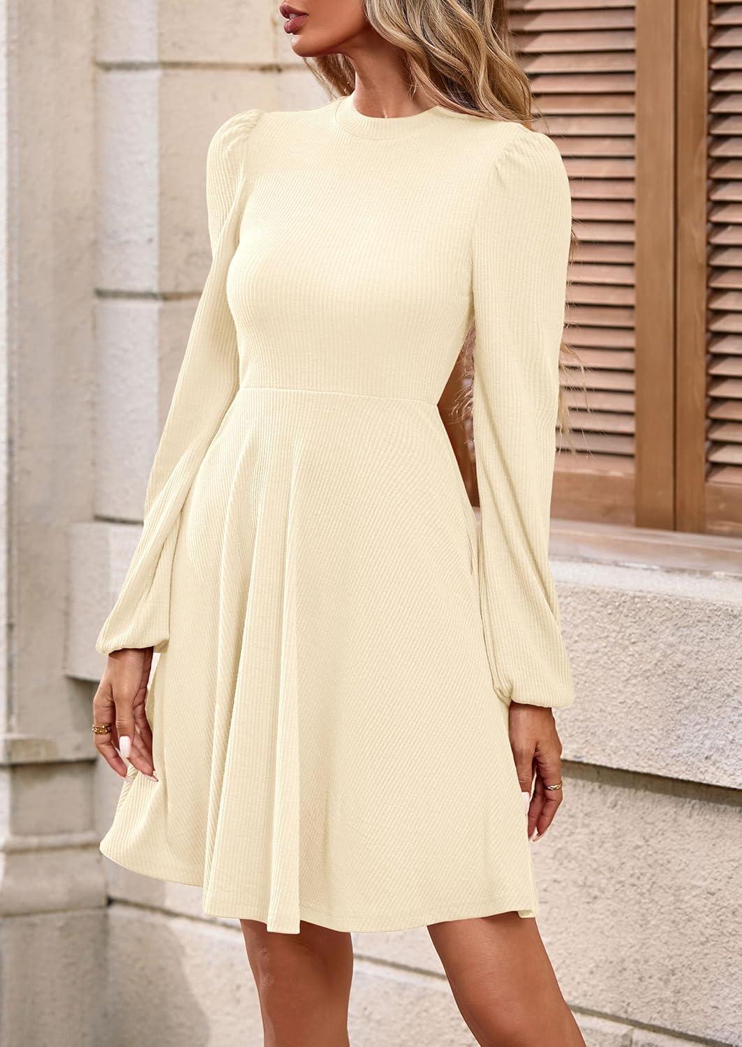 imagePRETTYGARDEN Womens Long Sleeve Mini Dress 2025 Fall Trendy Crewneck Ribbed Knit Soft A Line Flowy Summer Formal DressesBeige