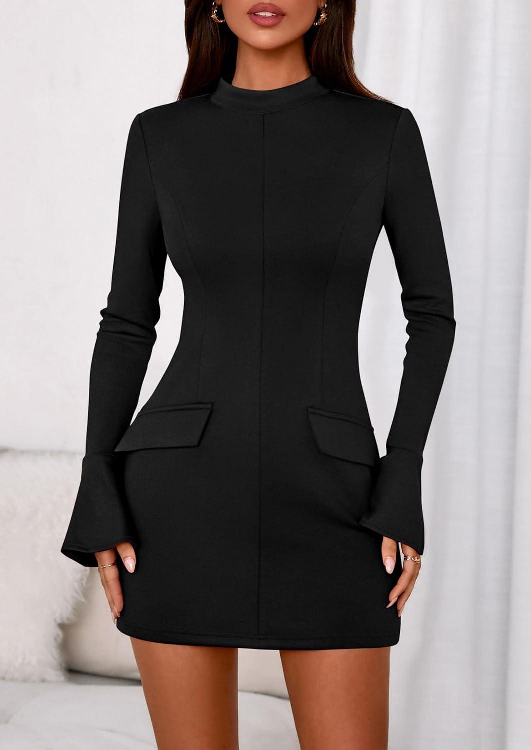 imagePRETTYGARDEN Womens Short Formal Dresses 2025 Fall Long Sleeve Mock Neck Elegant Cocktail Party Club Bodycon Mini DressBlack