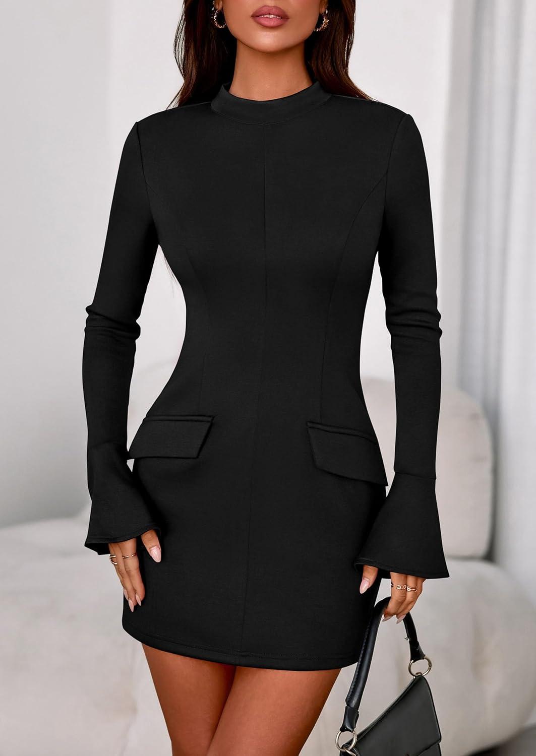 imagePRETTYGARDEN Womens Short Formal Dresses 2025 Fall Long Sleeve Mock Neck Elegant Cocktail Party Club Bodycon Mini DressBlack