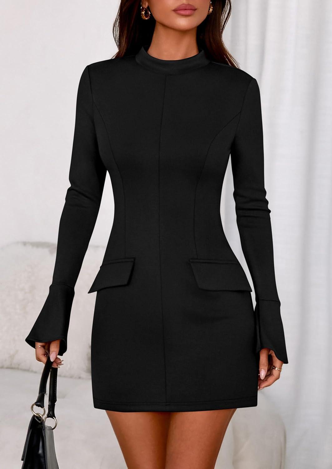 imagePRETTYGARDEN Womens Short Formal Dresses 2025 Fall Long Sleeve Mock Neck Elegant Cocktail Party Club Bodycon Mini DressBlack