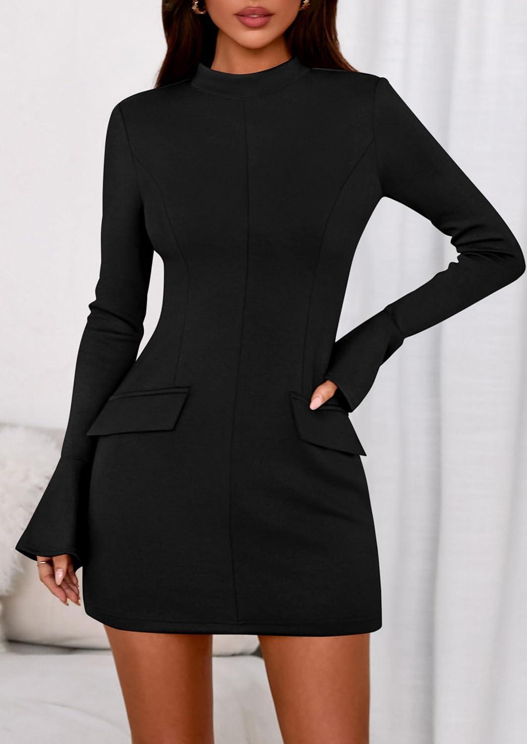 imagePRETTYGARDEN Womens Short Formal Dresses 2025 Fall Long Sleeve Mock Neck Elegant Cocktail Party Club Bodycon Mini DressBlack