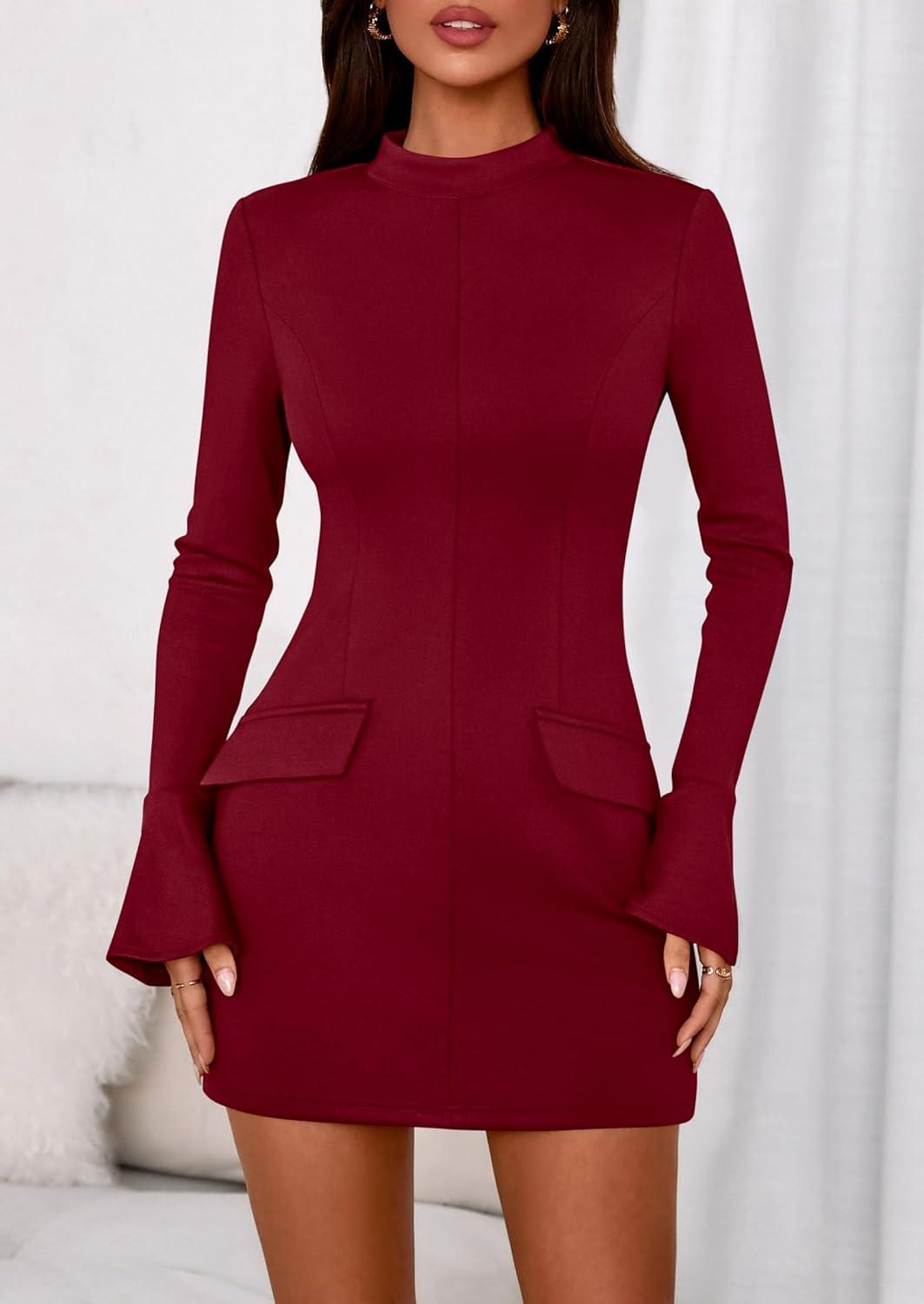 imagePRETTYGARDEN Womens Short Formal Dresses 2025 Fall Long Sleeve Mock Neck Elegant Cocktail Party Club Bodycon Mini DressBurgundy