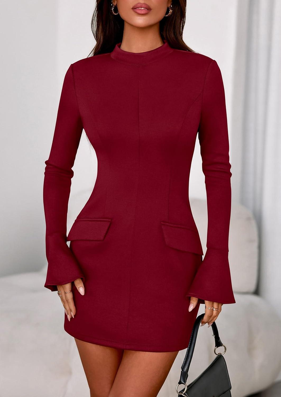 imagePRETTYGARDEN Womens Short Formal Dresses 2025 Fall Long Sleeve Mock Neck Elegant Cocktail Party Club Bodycon Mini DressBurgundy