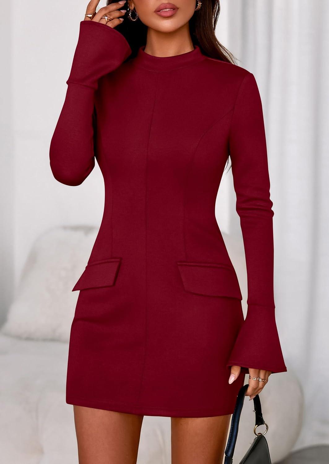 imagePRETTYGARDEN Womens Short Formal Dresses 2025 Fall Long Sleeve Mock Neck Elegant Cocktail Party Club Bodycon Mini DressBurgundy