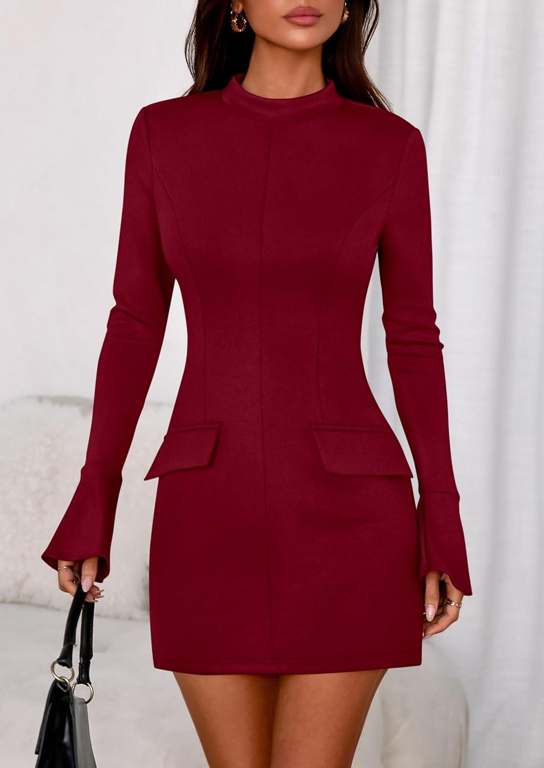 imagePRETTYGARDEN Womens Short Formal Dresses 2025 Fall Long Sleeve Mock Neck Elegant Cocktail Party Club Bodycon Mini DressBurgundy