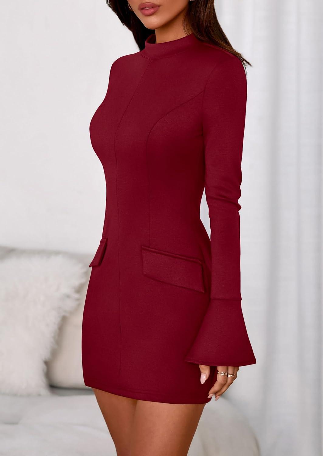 imagePRETTYGARDEN Womens Short Formal Dresses 2025 Fall Long Sleeve Mock Neck Elegant Cocktail Party Club Bodycon Mini DressBurgundy