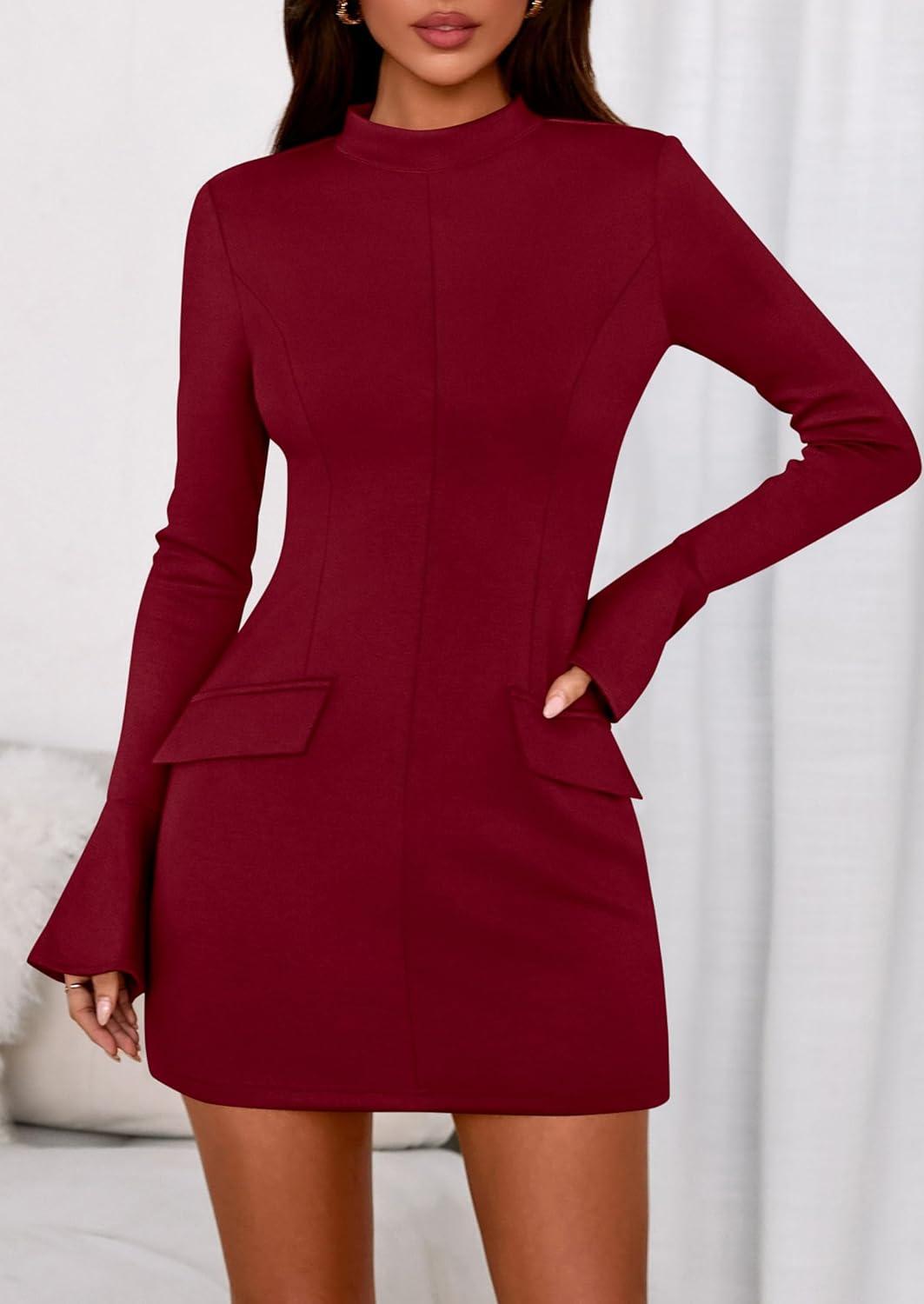 imagePRETTYGARDEN Womens Short Formal Dresses 2025 Fall Long Sleeve Mock Neck Elegant Cocktail Party Club Bodycon Mini DressBurgundy