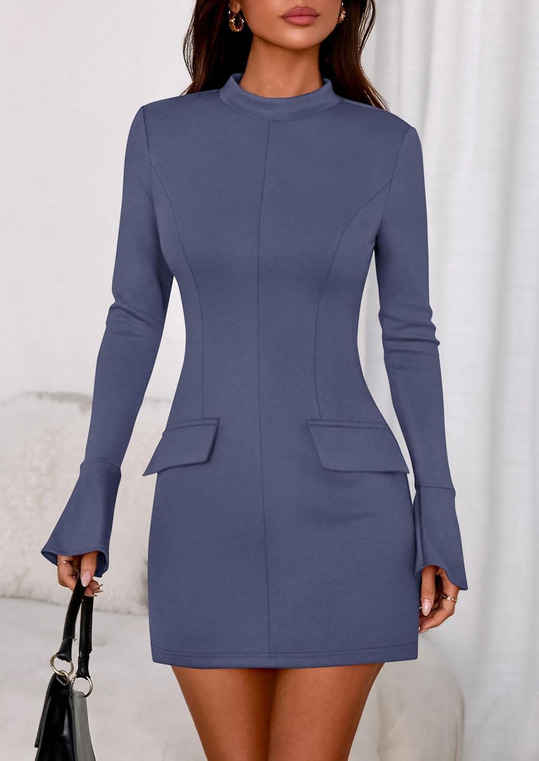 imagePRETTYGARDEN Womens Short Formal Dresses 2025 Fall Long Sleeve Mock Neck Elegant Cocktail Party Club Bodycon Mini DressDusty Blue