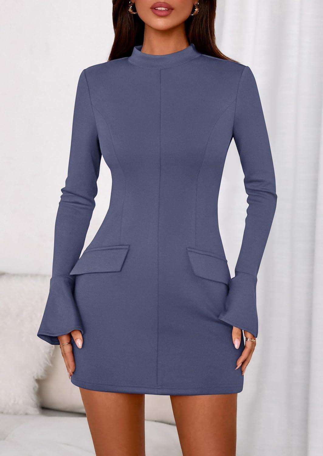 imagePRETTYGARDEN Womens Short Formal Dresses 2025 Fall Long Sleeve Mock Neck Elegant Cocktail Party Club Bodycon Mini DressDusty Blue