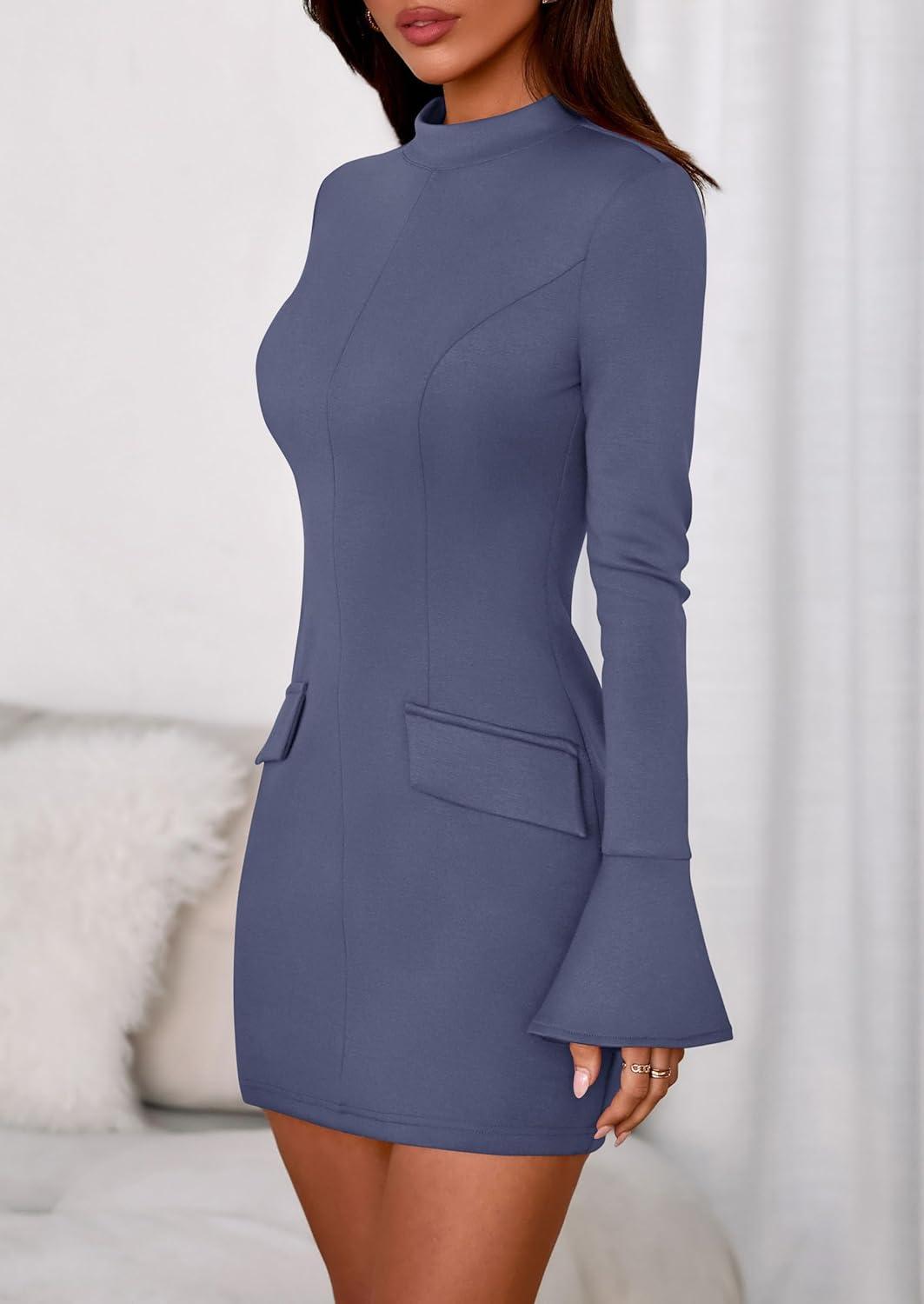 imagePRETTYGARDEN Womens Short Formal Dresses 2025 Fall Long Sleeve Mock Neck Elegant Cocktail Party Club Bodycon Mini DressDusty Blue