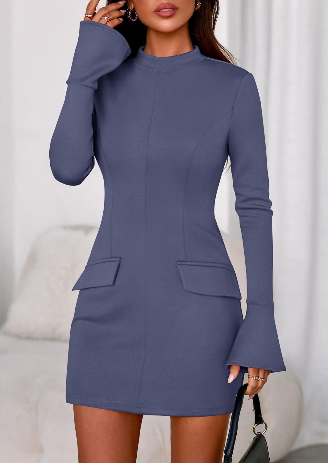 imagePRETTYGARDEN Womens Short Formal Dresses 2025 Fall Long Sleeve Mock Neck Elegant Cocktail Party Club Bodycon Mini DressDusty Blue