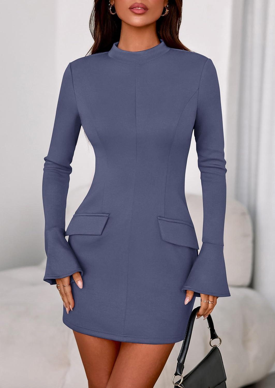 imagePRETTYGARDEN Womens Short Formal Dresses 2025 Fall Long Sleeve Mock Neck Elegant Cocktail Party Club Bodycon Mini DressDusty Blue