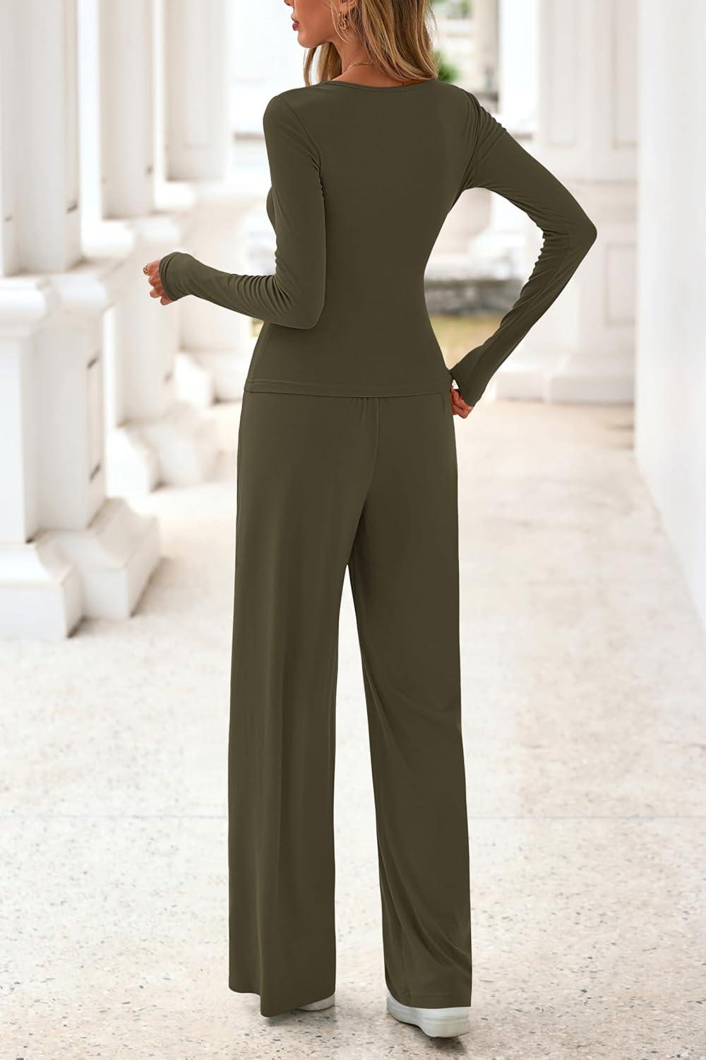 imagePRETTYGARDN Fall Outfits For Women 2025 Soft Pajamas Two Piece Lounge Sets Long Sleeve Shirts Wide Leg Pants TracksuitArmy Green