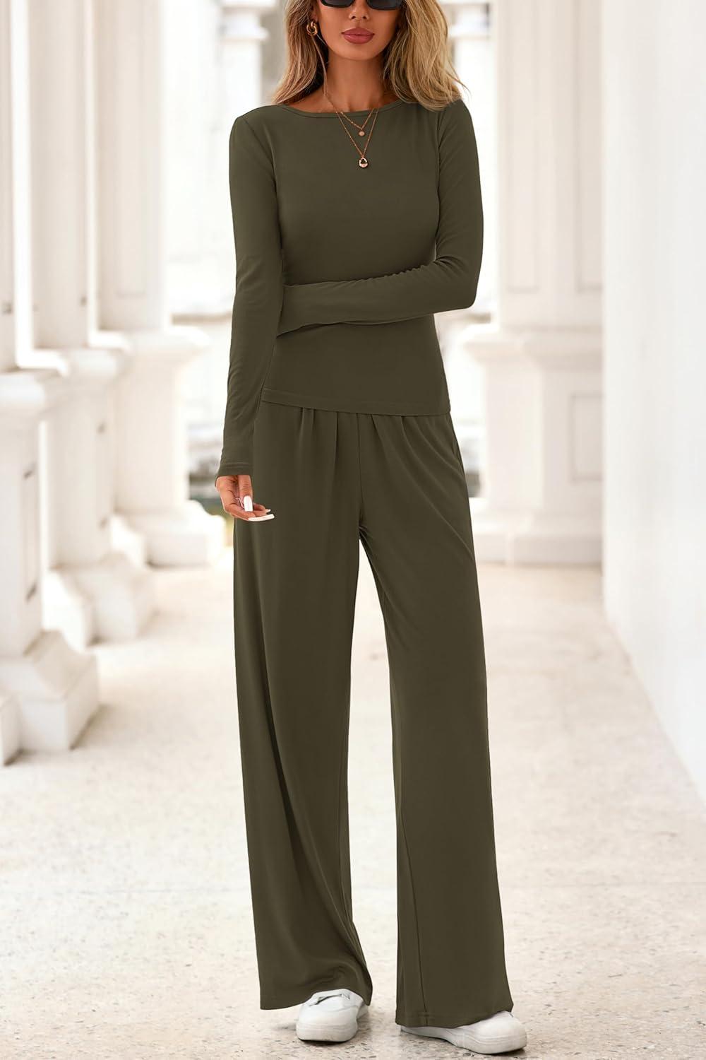imagePRETTYGARDN Fall Outfits For Women 2025 Soft Pajamas Two Piece Lounge Sets Long Sleeve Shirts Wide Leg Pants TracksuitArmy Green