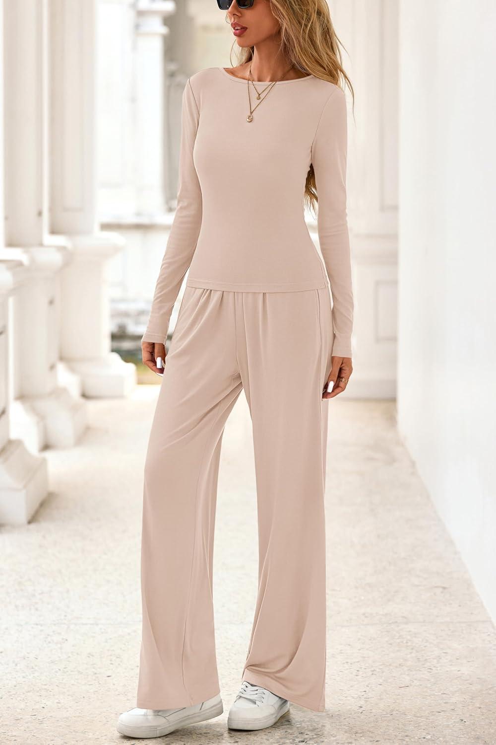 imagePRETTYGARDN Fall Outfits For Women 2025 Soft Pajamas Two Piece Lounge Sets Long Sleeve Shirts Wide Leg Pants TracksuitBeige