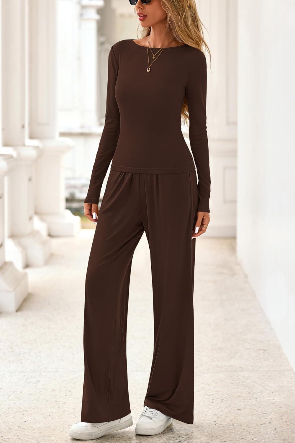 imagePRETTYGARDN Fall Outfits For Women 2025 Soft Pajamas Two Piece Lounge Sets Long Sleeve Shirts Wide Leg Pants TracksuitBrown