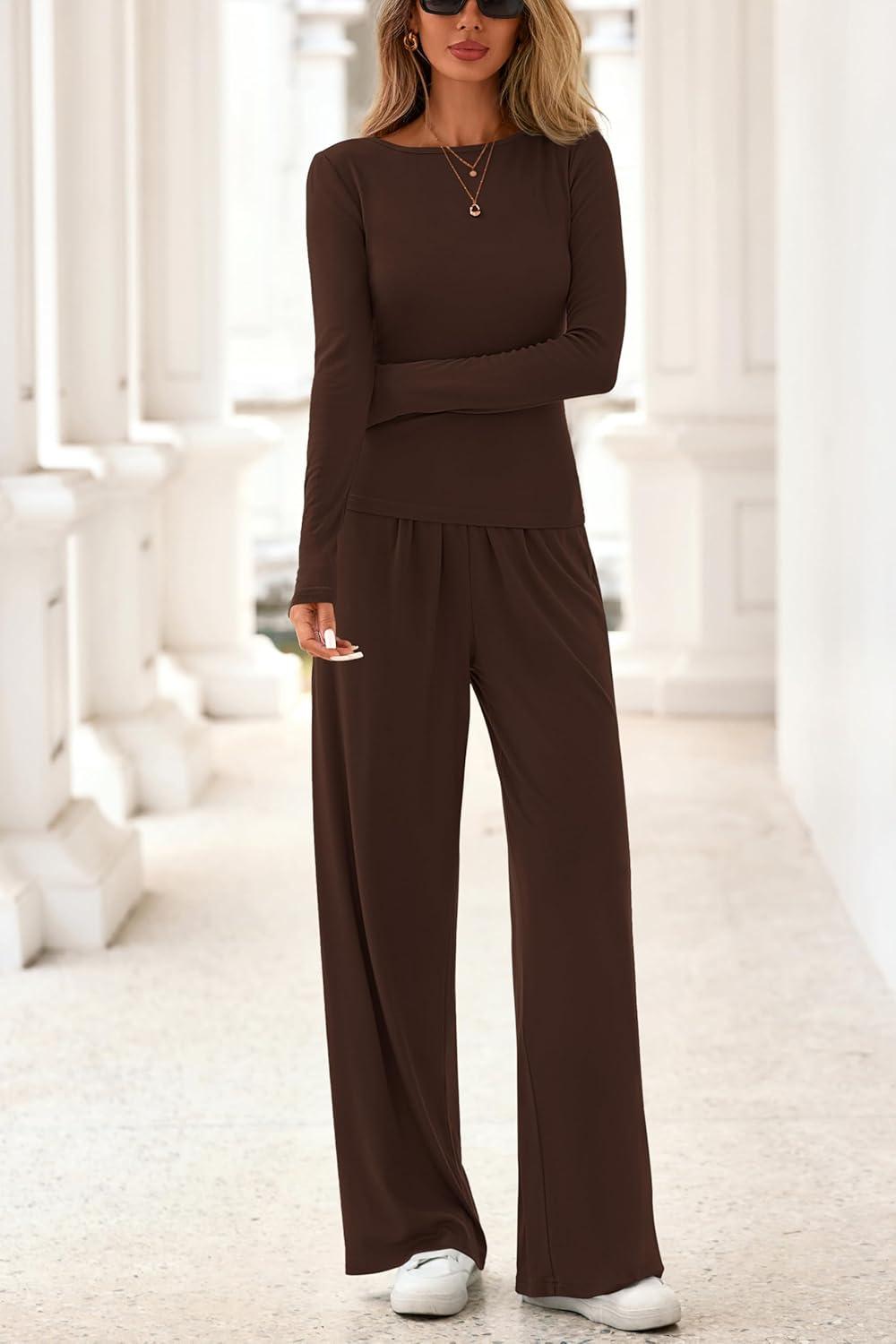 imagePRETTYGARDN Fall Outfits For Women 2025 Soft Pajamas Two Piece Lounge Sets Long Sleeve Shirts Wide Leg Pants TracksuitBrown
